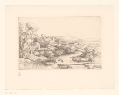 Landskap med planke over en elv la passerelle av Alphonse Legros (attributed to)