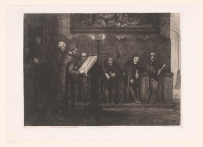 Åtte menn rundt en talerstol Le lutrin (tittel på objekt) av Alphonse Legros