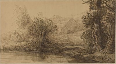 Elvebredden (penn og brunt blekk med brun vask på papp) av Alphonse Legros