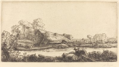 Gård langs elven sett av Evening Light Farm langs elven: Evening Light. av Alphonse Legros