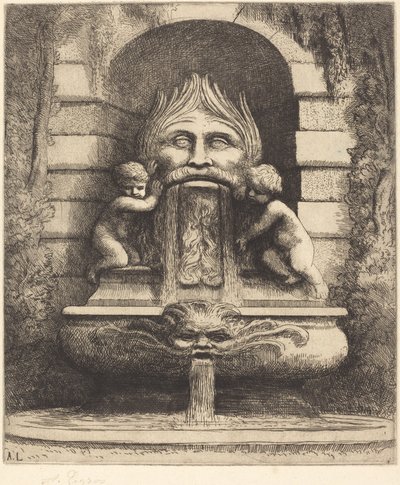 Fontene: Grotesque, Children and Basin Une Fountaine: Masque, enfants et bassin. av Alphonse Legros