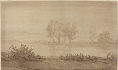 Landskap - Fire trær bortenfor en elv av Alphonse Legros