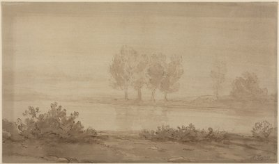 Landskap - fire trær på den andre siden av en elv av Alphonse Legros