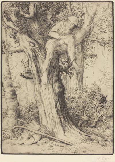 Landskap med en gutt i et tre av Alphonse Legros