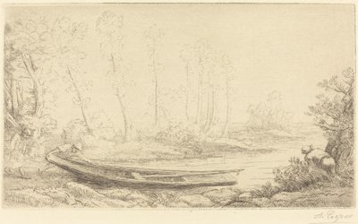 Mann med en punkt, figur til høyre Pecheurs des truites. av Alphonse Legros
