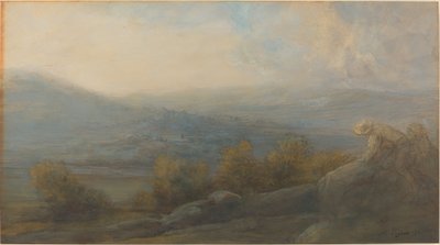 Fjelllandskap med to figurer til høyre av Alphonse Legros