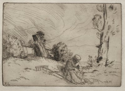 Bondekvinne som sitter nær en hekk. av Alphonse Legros