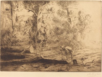 Squaring Logs Mann som deler tømmerstokker. av Alphonse Legros