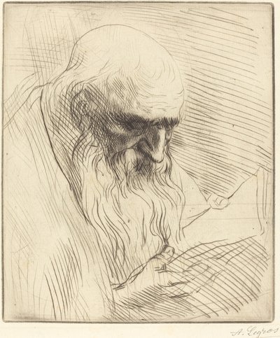 Studie av hodet til en mann som leser Etude de tete d'homme lisant. av Alphonse Legros