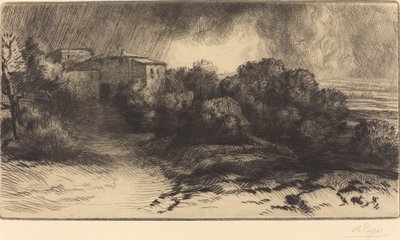 Utsikt over en gård sett i en storm La ferme de Brieux Stormeffekt. av Alphonse Legros