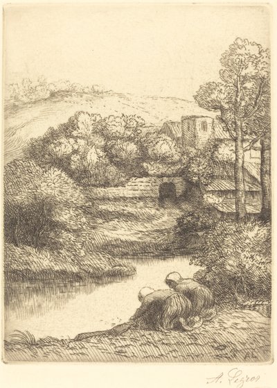 Vaskehus, kalt "The Washerwomen" av Alphonse Legros