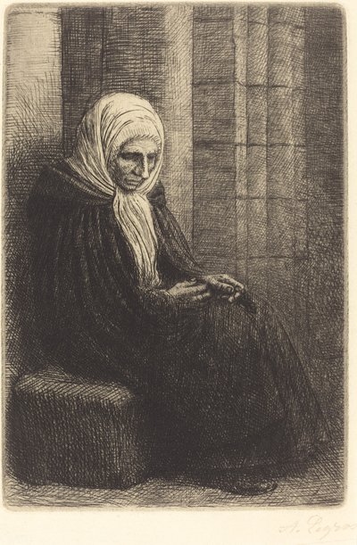 Kvinne sitter mot en vegg, barn med hodet i fanget Femme assis, muraille au fond.... av Alphonse Legros