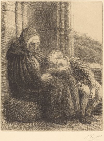 Kvinne sitter mot en vegg, barn med hodet i fanget Femme assise, muraille.... av Alphonse Legros