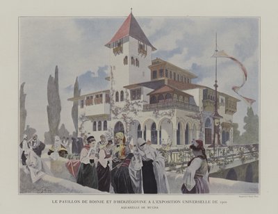 Paviljongen i Bosnia-Hercegovina ved Exposition Universelle 1900, Paris (farge litho) av Alphonse Marie (after) Mucha