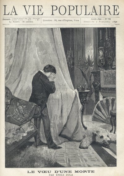 A man eplores, hiding his tears and his face in a handkerchief, standing behind the canopy of a bed, in a richly decoree bedroom, with bear skin, embroidered cushions, fan and various vases and candlesticks. Illustration by Alfons Maria Mucha (Alphonse Mar av Alphonse Mucha
