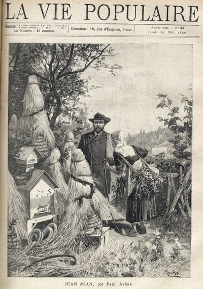 A man on a country road looks, eyes in the wave, the location of a dozen hives. An old peasant, leaning on a stick, curved under the grass crop she carries on her back, addresses him and shows him with a gesture of hand the entrance gate of a cemetery. Ill av Alphonse Mucha