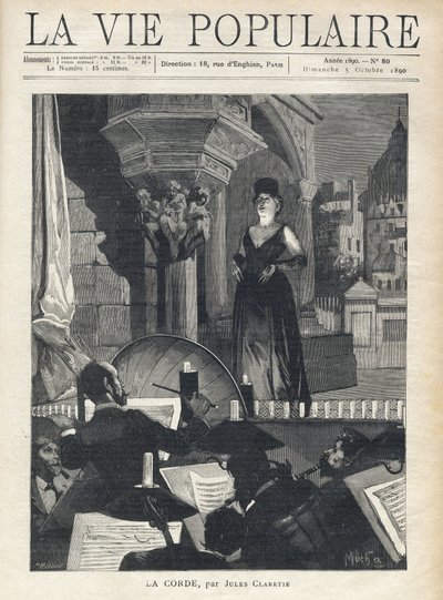 En sanger på scenen møter orkesteret i gropen, musikerne og dirigenten i full fremføring. Illustrasjon av Alfons Maria Mucha (Alphonse Marie Mucha av Alphonse Mucha