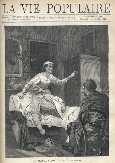 En mager gammel mann med et emacie-ansikt strekker seg, dressen, skoene og en karnevalsmaske drar seg nær bleien hans (en lakenjete på en sofa), i "La Vie Populaire" av Alphonse Mucha