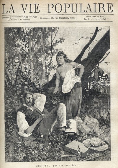 A young woman, decoiffee, denudee, apparent chest, leans with confidence and fun towards a painter lying, sleeping in the middle of nature, jacket, hat, material and pipe sparpilles on the floor. Illustration by Alfons Maria Mucha (Alphonse Marie Mucha av Alphonse Mucha