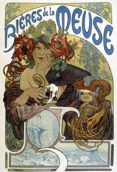 Reklame for ølet til Maas. Illustrasjon av Mucha (tsjekkisk maler og plakatdesigner av Alphonse Mucha