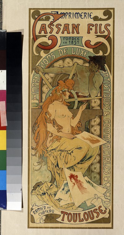 Reklameplakat for trykkeriet ""Cassan Fils, luksus, kunstnerisk og kommersiell trykking"" i Toulouse. Plakat av Alfons Maria Mucha (Alphonse Marie Mucha av Alphonse Marie Mucha