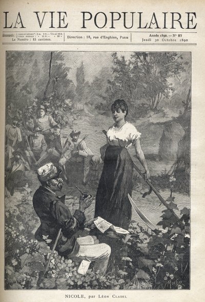 En gammel mann leser et brev til en vakker ung bonde som holder en falsk (reaper). Jegere ser på scenen i det fjerne. Illustrasjon av Alfons Maria Mucha (Alphonse Marie Mucha av Alphonse Mucha