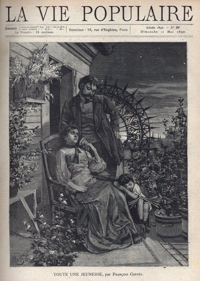 Om natten, på en blomstrende balkong, er en familie samlet rundt moren som sitter på en lenestol og holder mannens hånd bak henne, begge ser triste og skutt ut. Ved føttene deres, hodet hviler på moren, et sittende barn sover, en åpen bok le av Alphonse Mucha