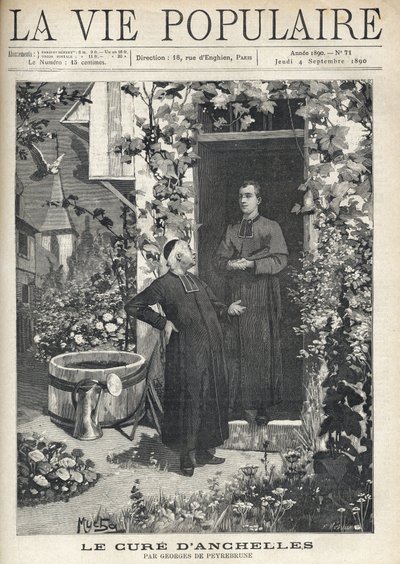 At the entrance of the presbytery, a treatment is directed to a younger person. The garden is very blossomed, equipped with a tank and a watering can, at the bottom you can see the bell tower of the village. Illustration by Alfons Maria Mucha (Alphonse Mar av Alphonse Mucha