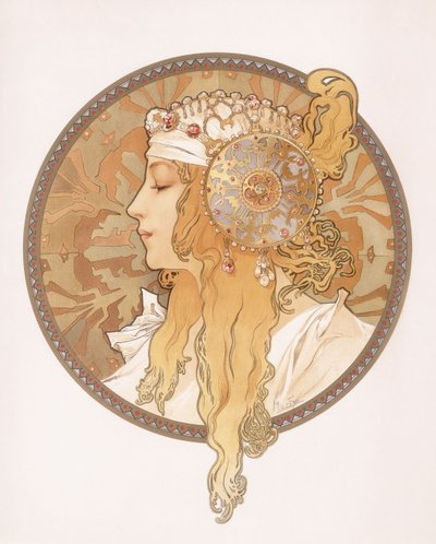 Bysantinsk hode til en blond jomfru; Tete bysantine d"une femme blonde, ca. 1897 av Alphonse Mucha