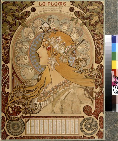 Kalender ""La Plume"", illustrert halvmånedlig magasin fra Salon des Cent. Kunstnerisk og litterært bibliotek. Kunstverk av Alfons Maria Mucha (Alphonse Marie Mucha av Alphonse Marie Mucha