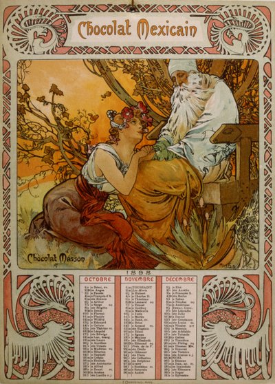 Chocolate Masson-kalender illustrert av Mucha (1860 – 1939). en tsjekkisk jugendmaler av Alphonse Mucha