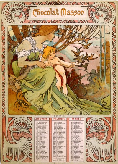 Chocolate Masson-kalender illustrert av Mucha (1860 – 1939). en tsjekkisk jugendmaler av Alphonse Mucha