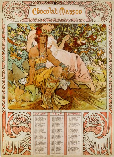 Chocolate Masson-kalender illustrert av Mucha (1860 – 1939). en tsjekkisk jugendmaler av Alphonse Mucha