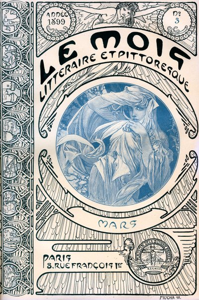 Forside av magasinet (månedsmagasin) The Literary and Picturesque Month av Alphonse Mucha (1860-1939): Mars 1899 - Maison de la Bonne Presse - av Alphonse Mucha