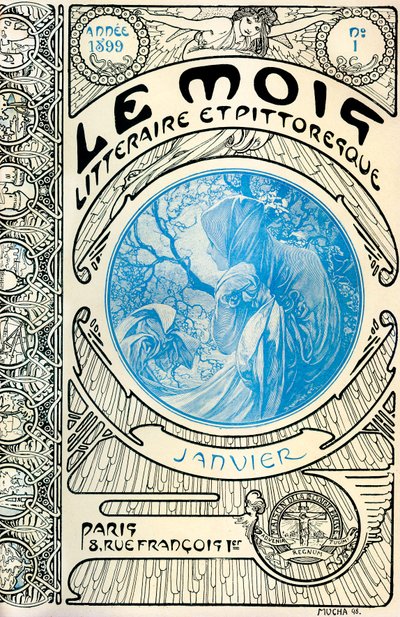 Forside av magasinet (månedsmagasin) The Literary and Picturesque Month av Alphonse Mucha (1860-1939): Januar 1899 - Maison de la Bonne Presse - av Alphonse Mucha