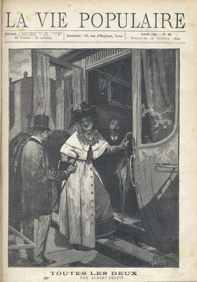 Farewell between a man and a woman getting on a train on the platform of a station. Illustration by Alfons Maria Mucha (Alphonse Marie Mucha av Alphonse Mucha