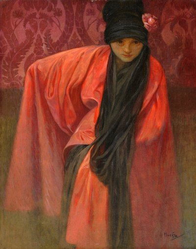 Pike i rødt par Mucha, Alfons Marie (1860-1939), ca. 1914 - Tempera på lerret, 60,5x47 - Privat samling av Alphonse Mucha