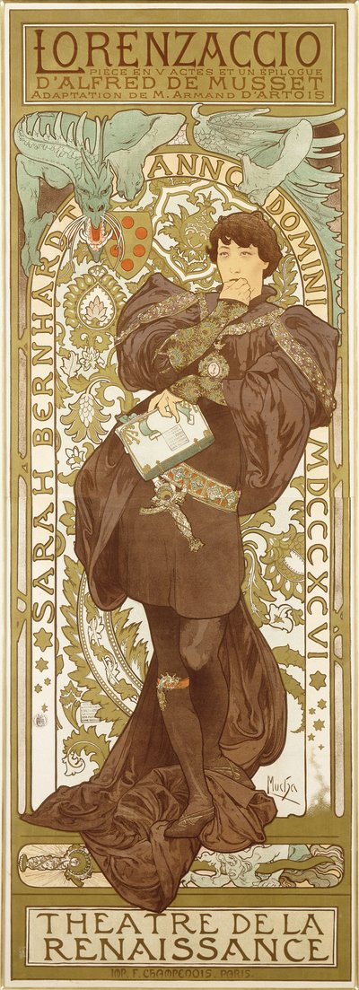 Lorenzaccio, som skildrer den stående figuren til Sarah Bernhardt i rollen, 1896 av Alphonse Mucha