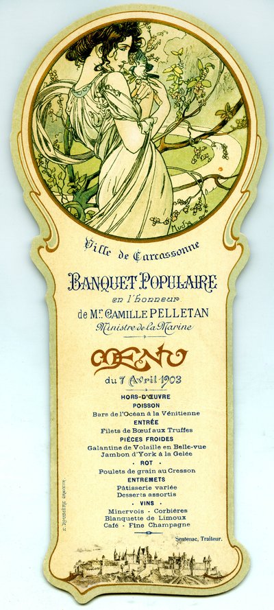 Meny for en populær bankett arrangert i Carcassonne 7. april av Alphonse Mucha