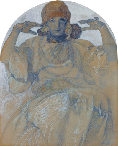 ""Portrett av kunstnerens datter Jaroslava Muchova (1909-1986)"" (Portrett av kunstnerens datter, Jaroslava) Maleri av Alphons Mucha (1860-1939) - ca. 1924 Dim 51x41 cm Privat samling av Alphonse Mucha