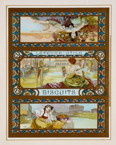 Plakatreklame "Lefevre-Utile" kjeks, ca. 1910 av Alphonse Mucha