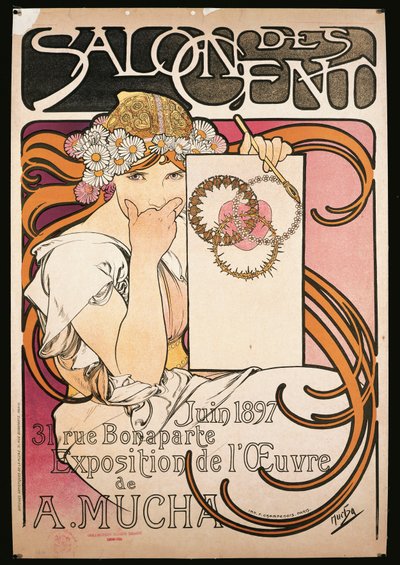 Plakat som reklamerer for utstillingen til A. Mucha på Salon des Cent av Alphonse Marie Mucha