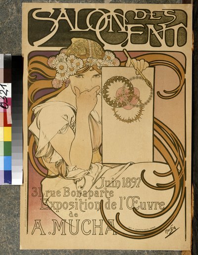 Plakat som reklamerer for utstillingen til A. Mucha i Salon des Cent, 31 rue Bonaparte a Paris, juni 1897 (farge litho) av Alphonse Mucha