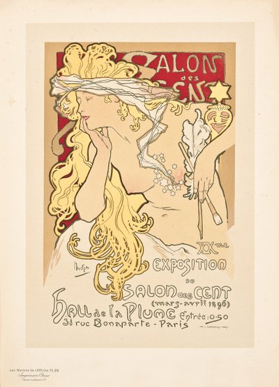 Reproduksjon av en plakat som reklamerer for Salon des Cent-utstillingen i Hall de la Plume, 1896 av Alphonse Mucha