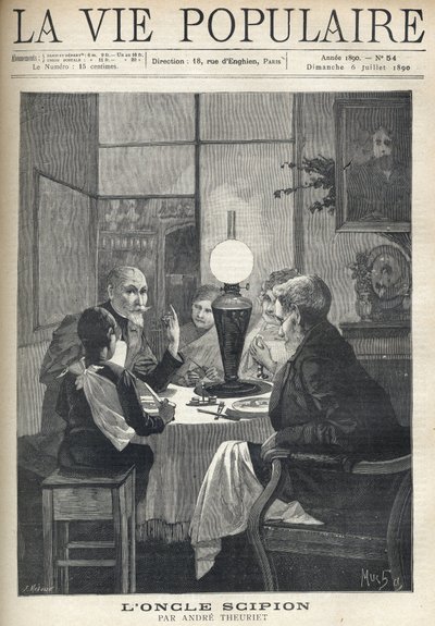 Scene of family life: around the dinner table, a family is gathered together, illuminated by an oil lamp and listens carefully to a visiting uncle, with bright eyes and hand marking the highlights of his story. Illustration by Alfons Maria Mucha (Alphonse  av Alphonse Mucha