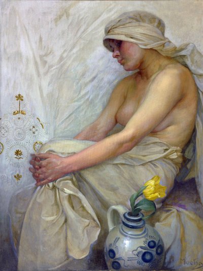 Sittende jente par Mucha, Alfons Marie (1860-1939), ca. 1914 - Tempera på lerret, 80x60 - Privat samling av Alphonse Mucha