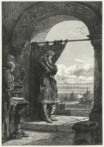 Karl den Store ser engstelig på hvordan skip som frakter normanniske raidere nærmer seg (gravering) av Alphonse Marie de (after) Neuville