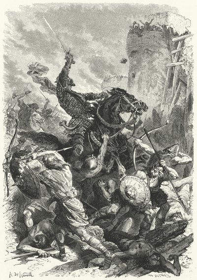 Grev Odo forsvarer Paris mot normannerne, 886 (gravering) av Alphonse Marie de (after) Neuville