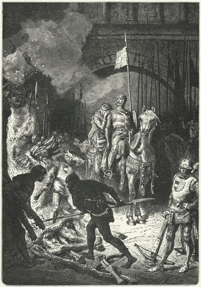 El Cid, akkompagnert av sin kone Dona Jimena, fører tilsyn med byggingen av begravelsesbålet til Ahmed, den mauriske kongen av Valencia av Alphonse Marie de (after) Neuville