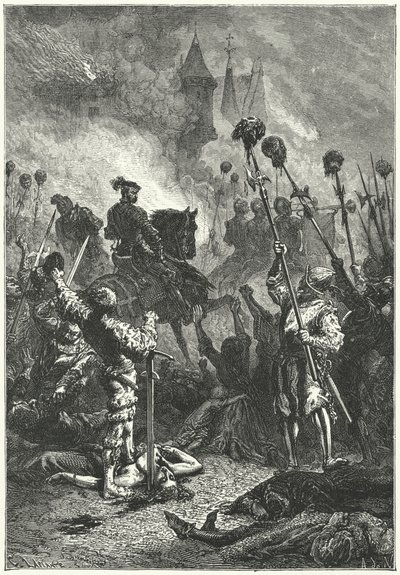 Florian Geyer etter massakren på forsvarerne av slottet Weinsberg i den tyske bondekrigen av Alphonse Marie de (after) Neuville